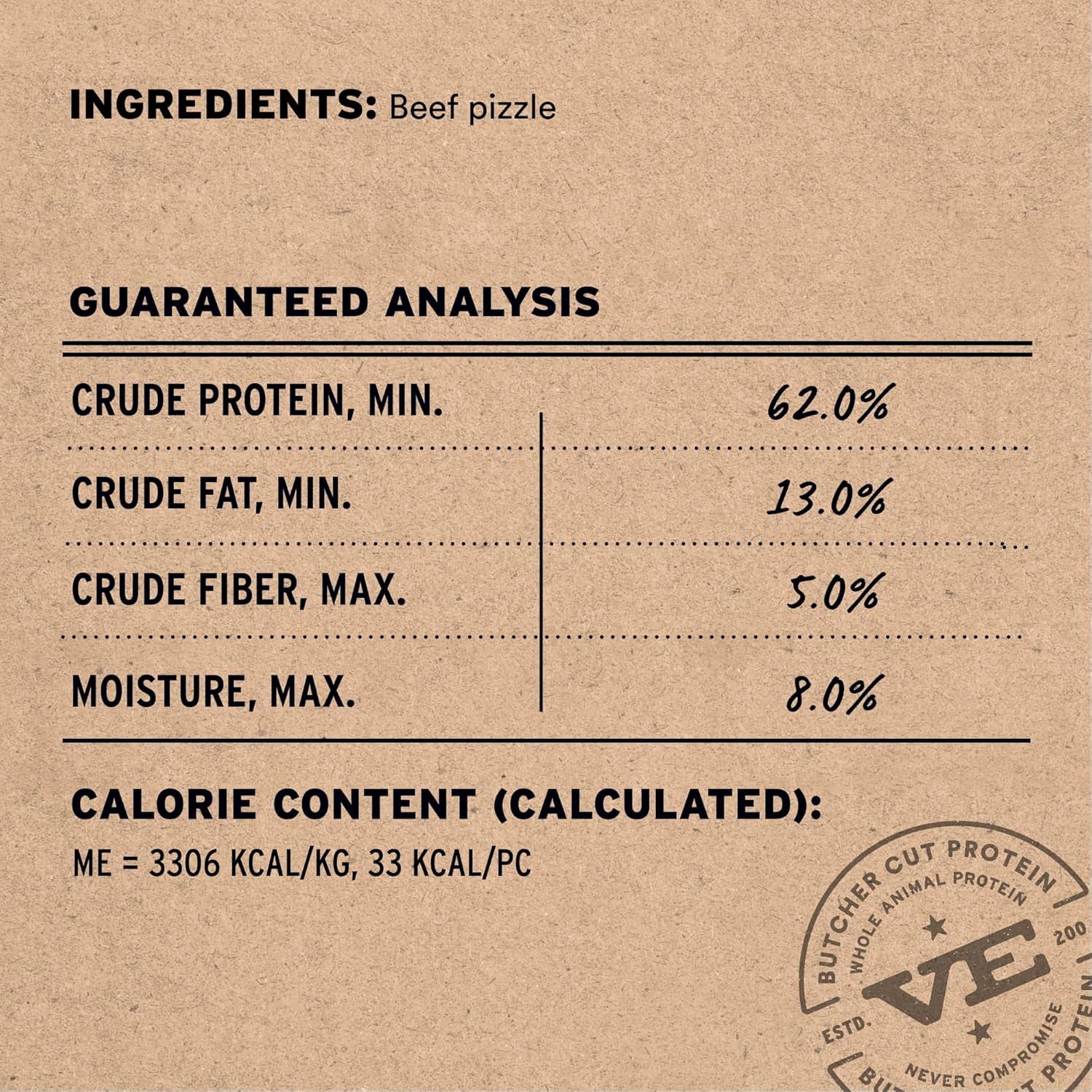Premium long lasting grain free dog treats back packaging information