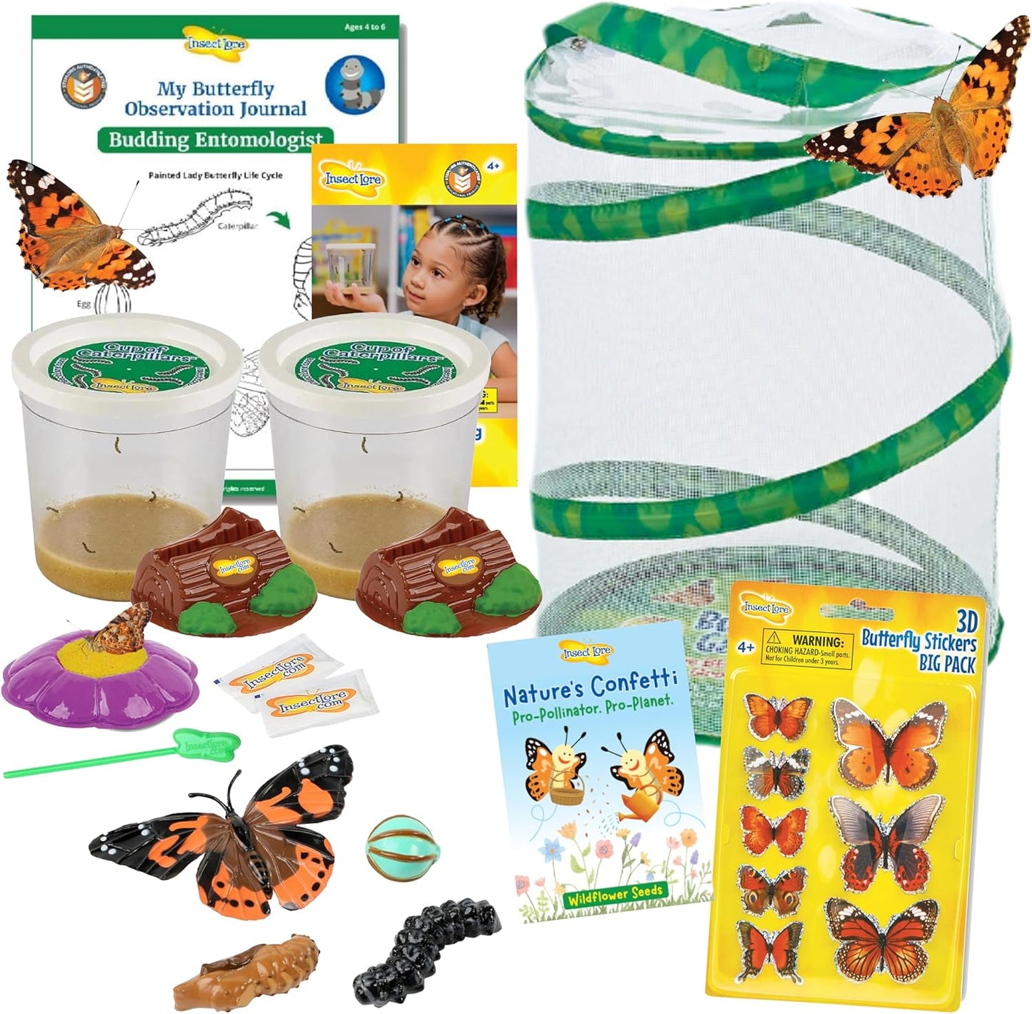 Insect Lore Butterfly Garden Kit front view showing the mesh habitat and live caterpillars