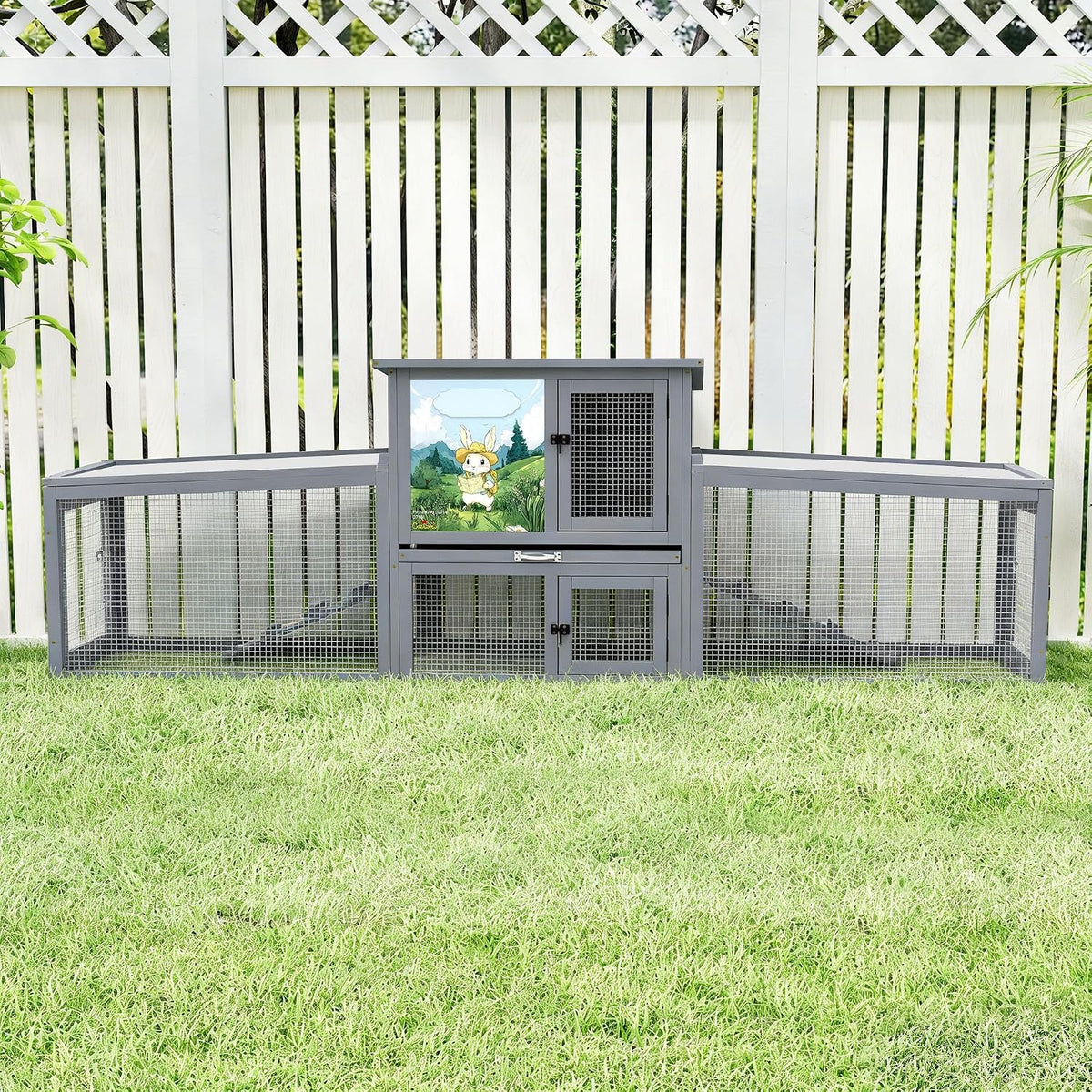 COZIWOW 95inches Extra Large Wood Rabbit Hutch Outdoor Easy to Assemble and Stable Bunny Cage Indoor with Cleaning Tray & Waterproof Roof for Small and Medium Bunny Rabbit ChickGrey with Pattern - Image 1