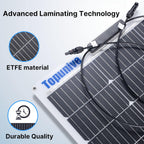 Topunive 12 volt flexible solar panel being bent slightly to demonstrate its forty five centimeter bending radius.