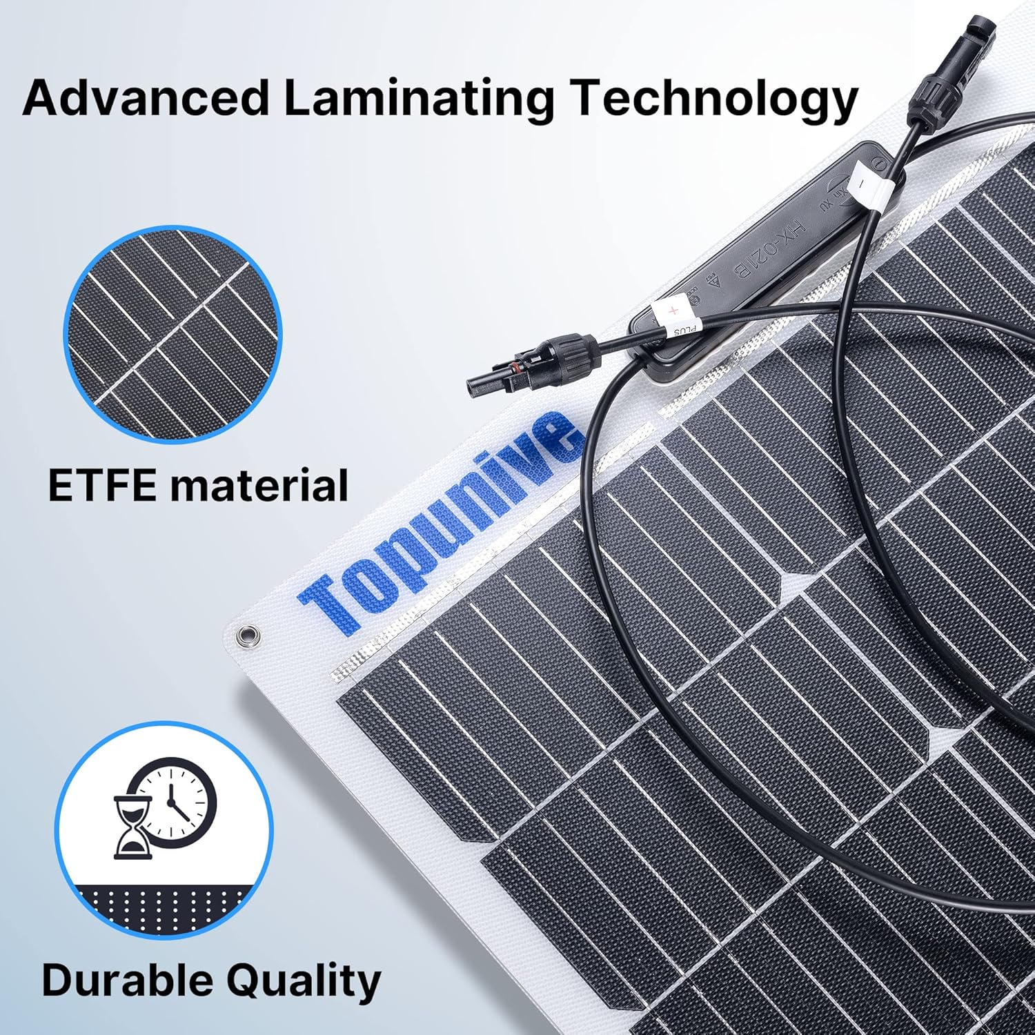 Topunive 12 volt flexible solar panel being bent slightly to demonstrate its forty five centimeter bending radius.