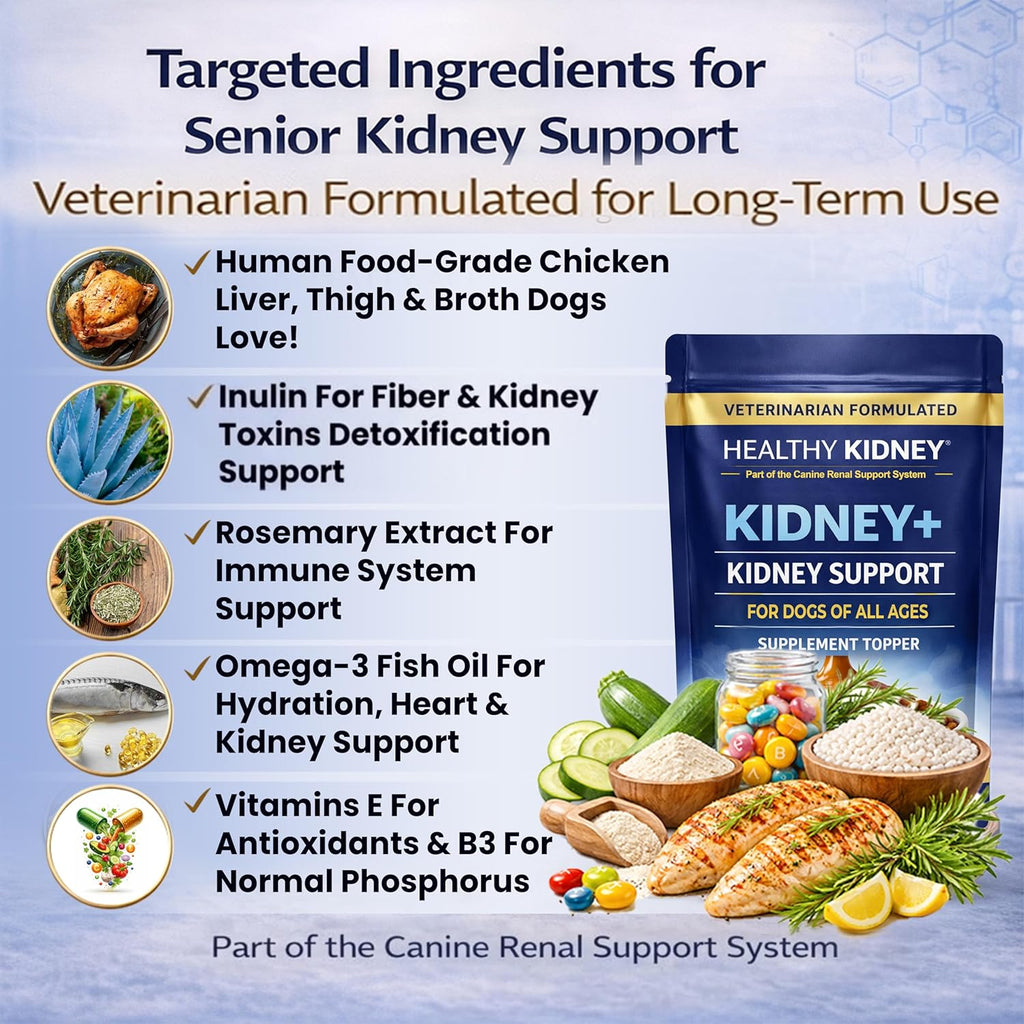 Low phosphorus dog supplement for kidney health mixed with dry dog food