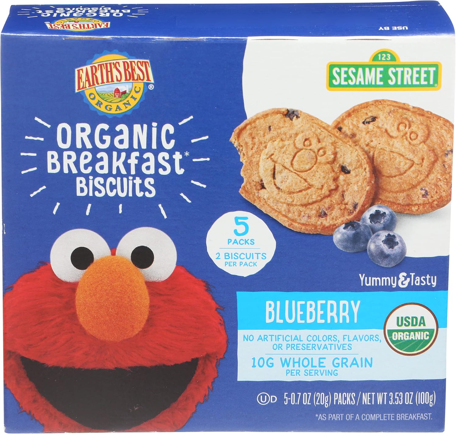 Earth's Best Organic Sesame Street Blueberry Breakfast Biscuits box front view showing Sesame Street characters.