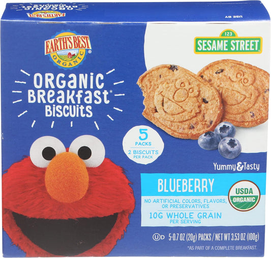 Earth's Best Organic Sesame Street Blueberry Breakfast Biscuits box front view showing Sesame Street characters.