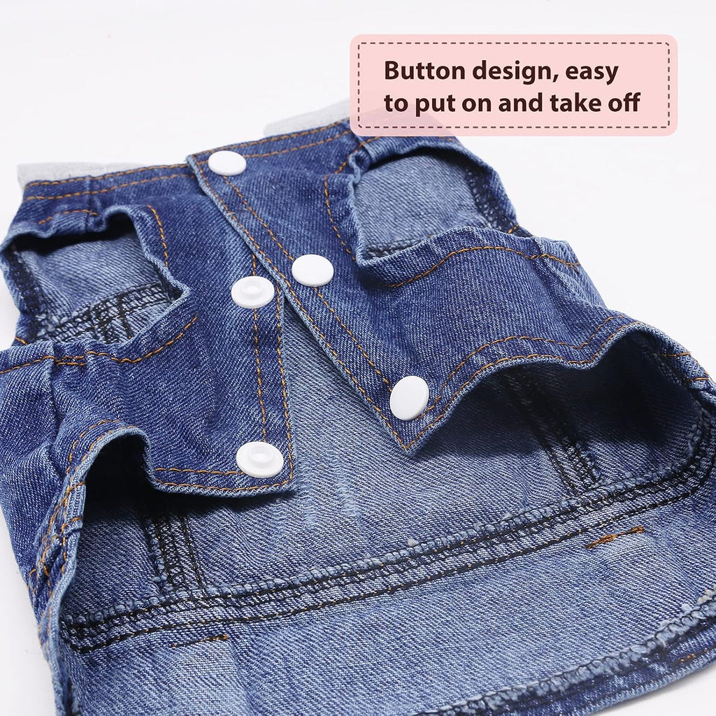 SILD dog denim coat side profile showing comfortable fit and lapel collar.