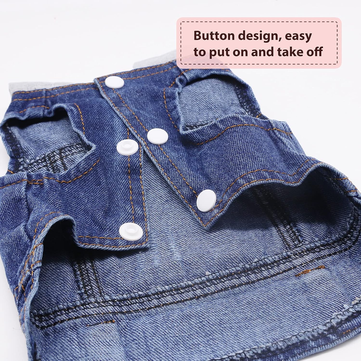 SILD dog denim coat side profile showing comfortable fit and lapel collar.