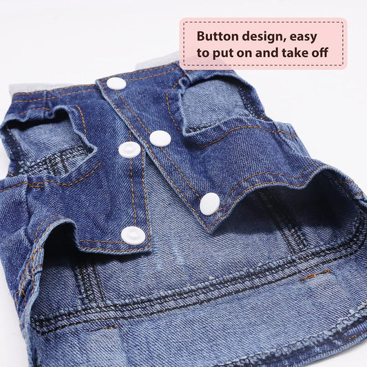 SILD dog denim coat side profile showing comfortable fit and lapel collar.