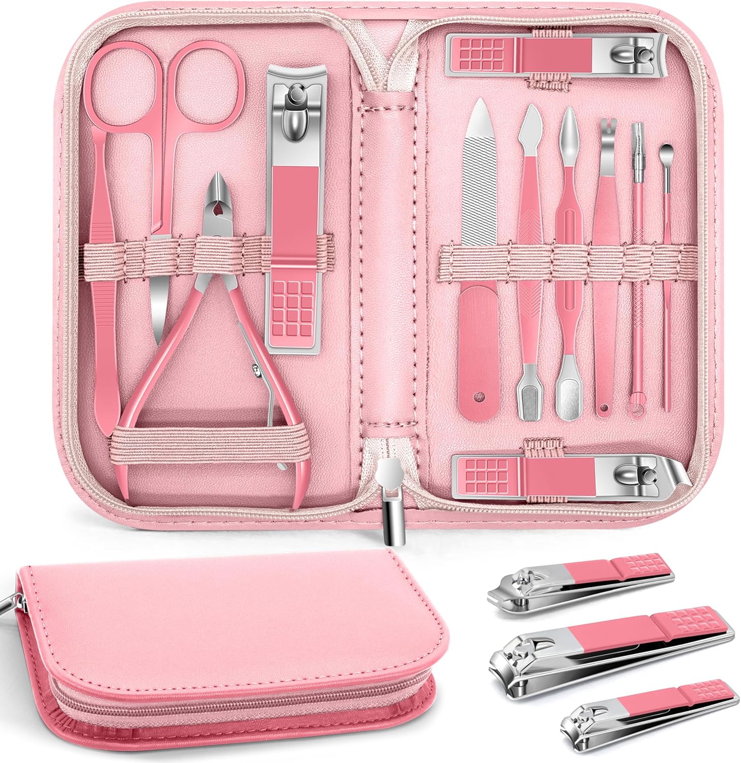 Bleswin 12 Piece Manicure Pedicure Set front view in pink leather case