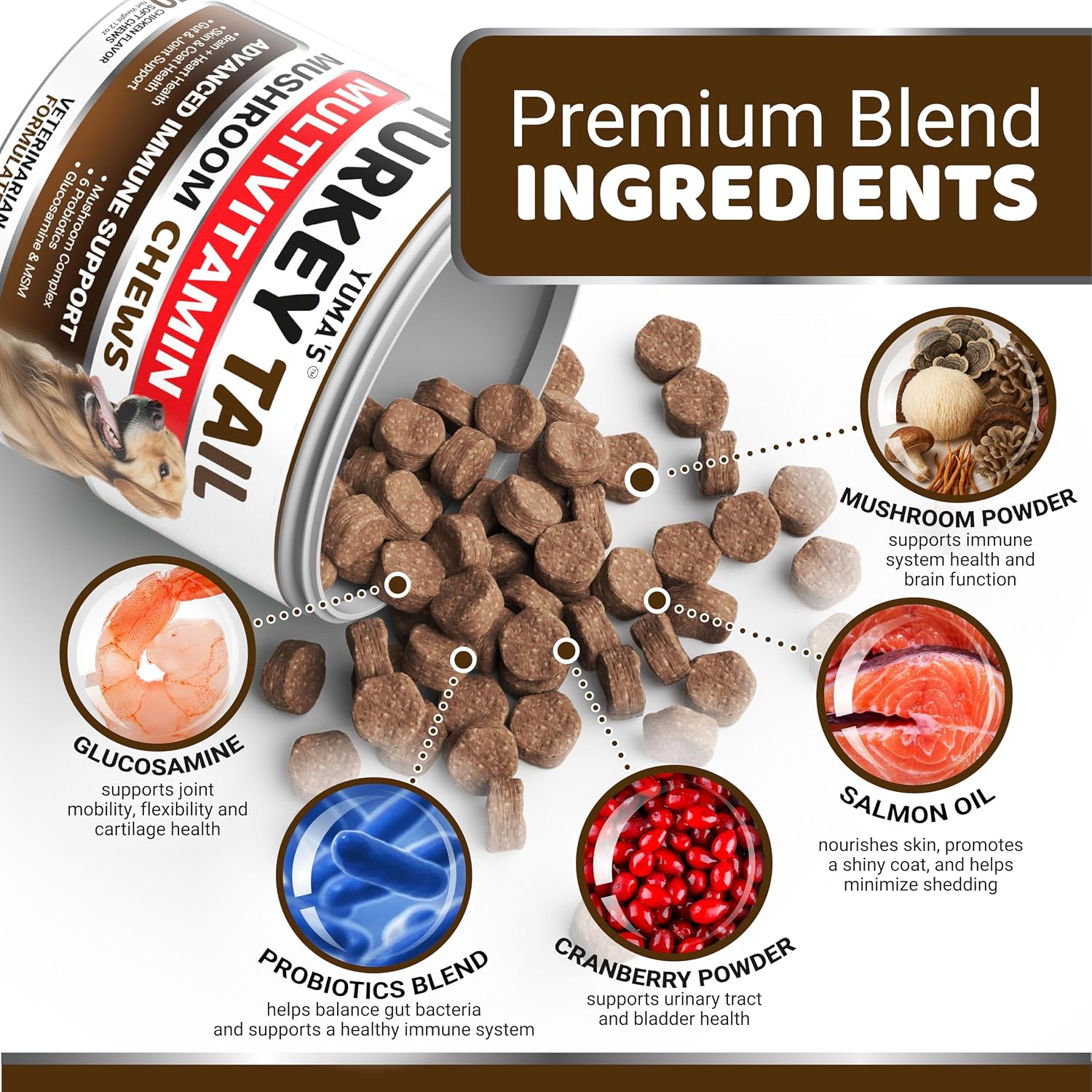 USA imported turkey tail multivitamin soft chews for dog immune support
