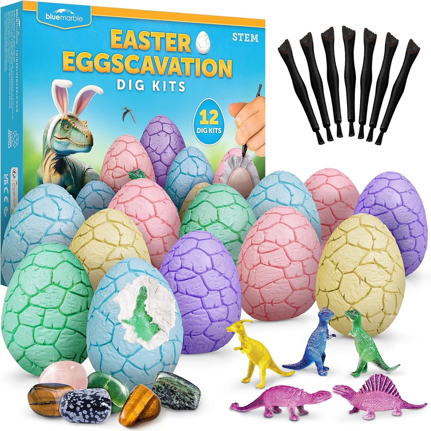 Blue Marble Easter Eggscavation Dino Eggs Dig Kit front packaging view showcasing STEM educational toy elements.