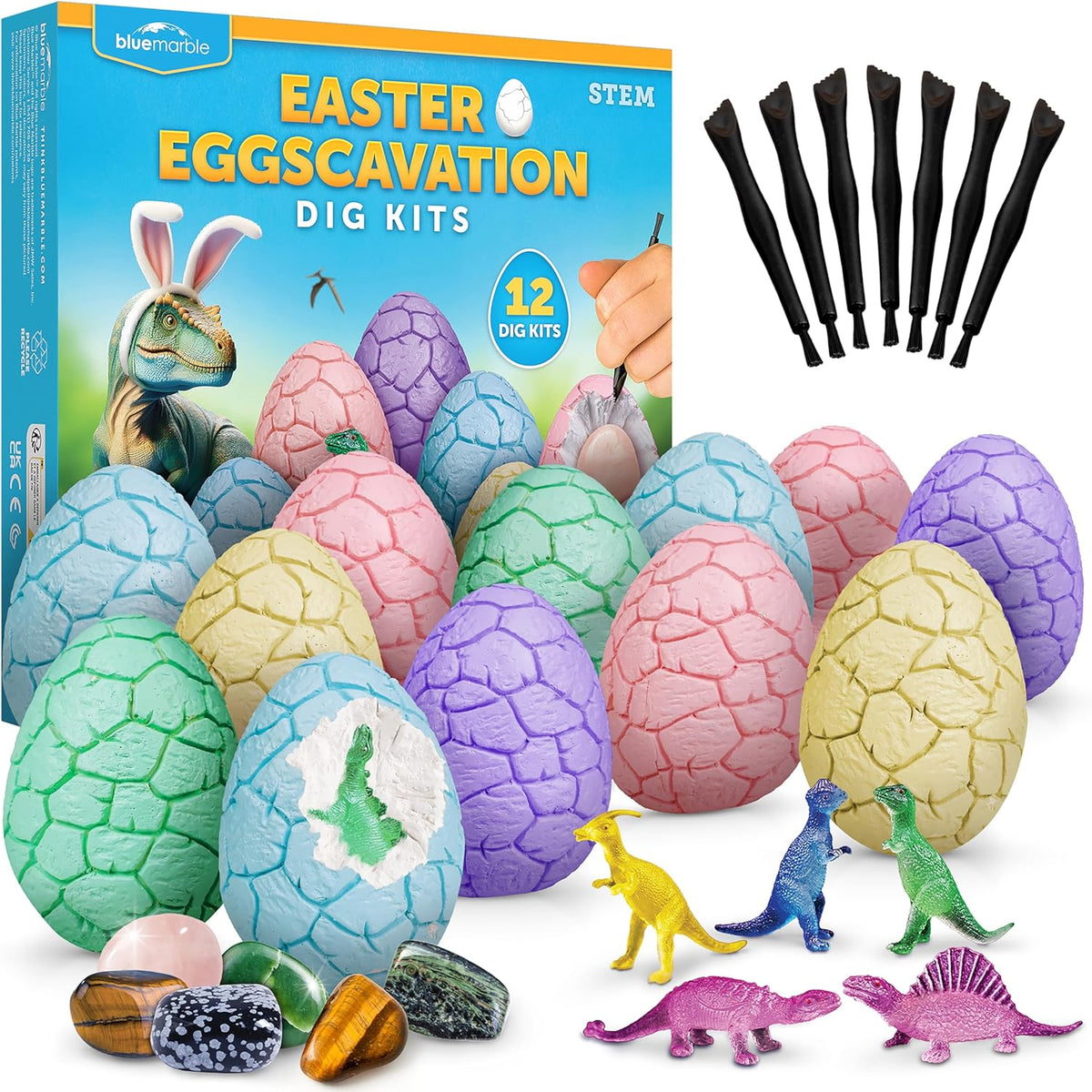 Blue Marble Easter Eggscavation Dino Eggs Dig Kit front packaging view showcasing STEM educational toy elements.