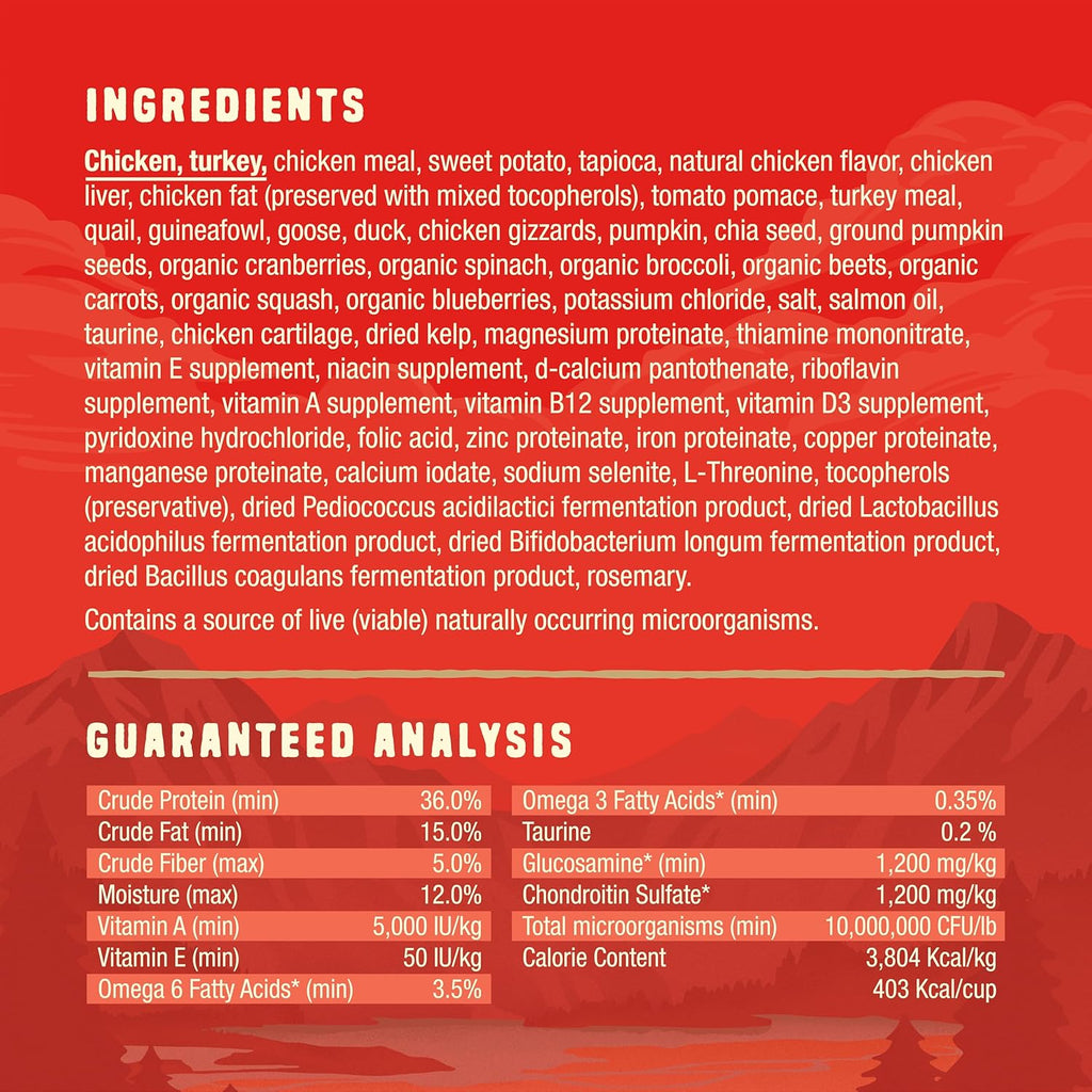 Stella & Chewy's Wild Red ancestral whole prey ingredients and nutritional values list