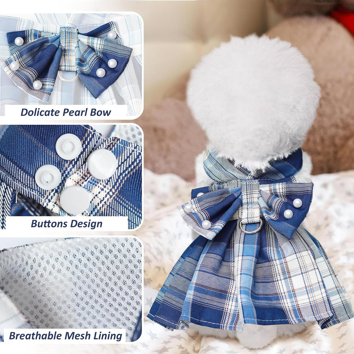 Close up view of the pearl accents and big bowknot on the small pet dress