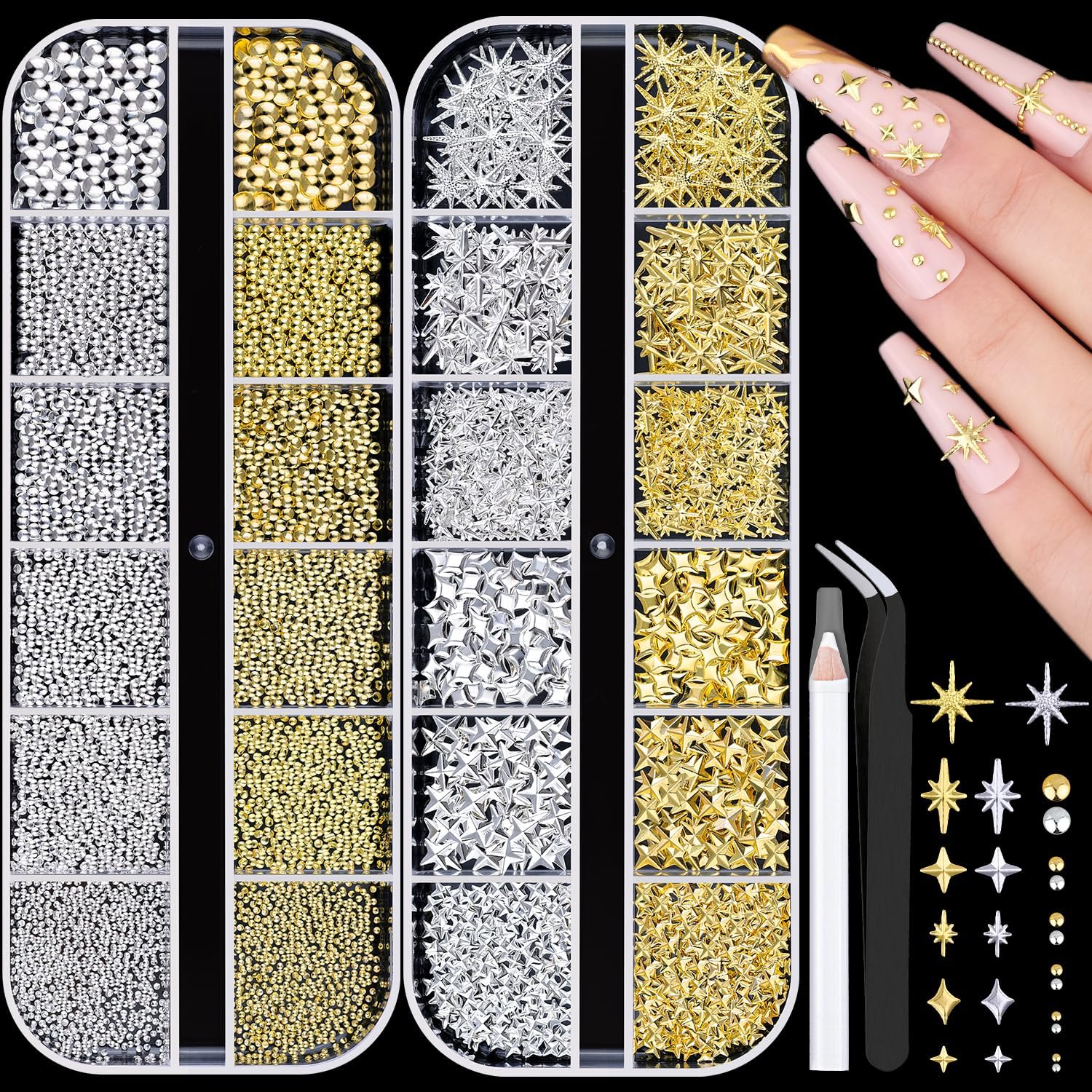 Belleboost 2640Pcs 3D Star Nail Charms set front view in gold and silver