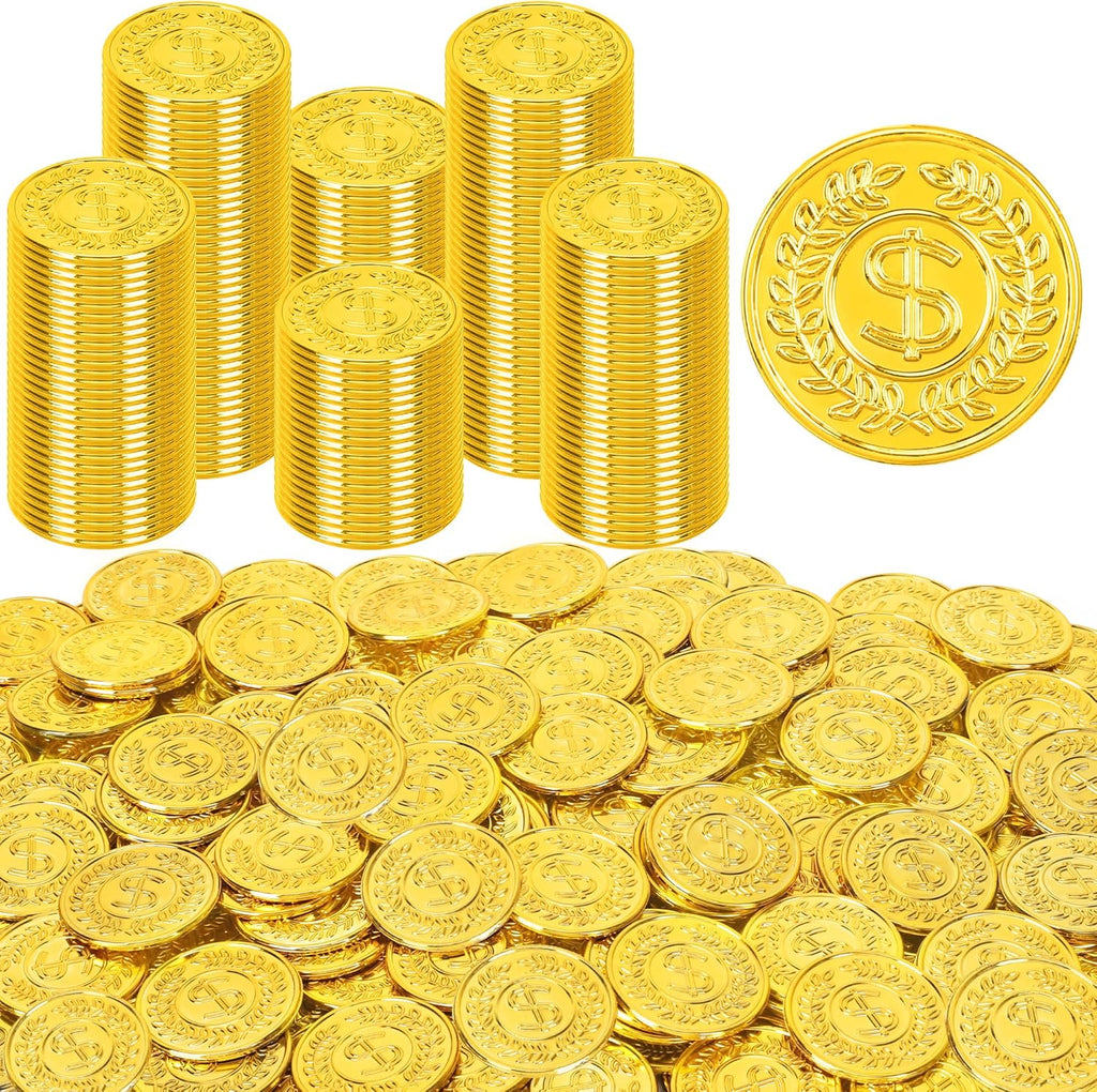 Fullive plastic gold coins front view showing metallic finish for pirate party supplies.