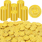 Fullive plastic gold coins front view showing metallic finish for pirate party supplies.