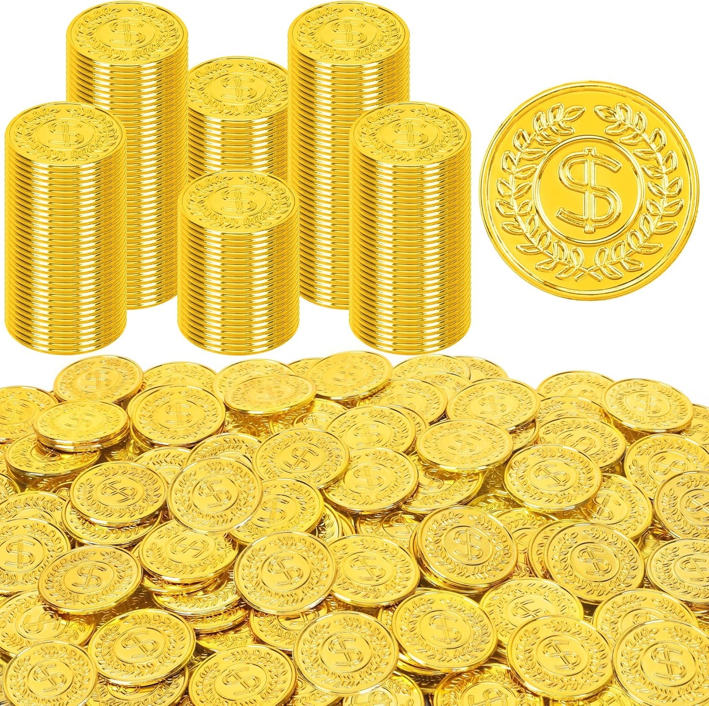 Fullive plastic gold coins front view showing metallic finish for pirate party supplies.