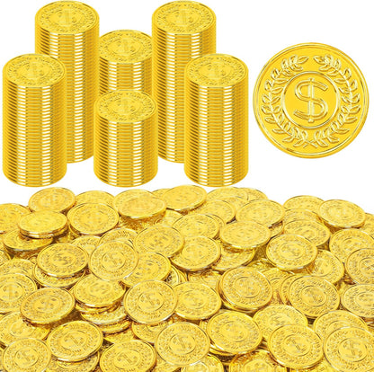 Fullive plastic gold coins front view showing metallic finish for pirate party supplies.