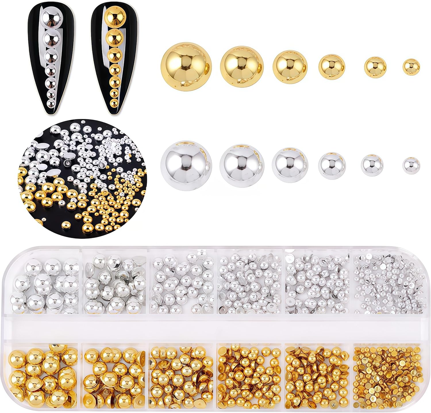 Belleboost gold and silver nail charms and gems front view with storage case