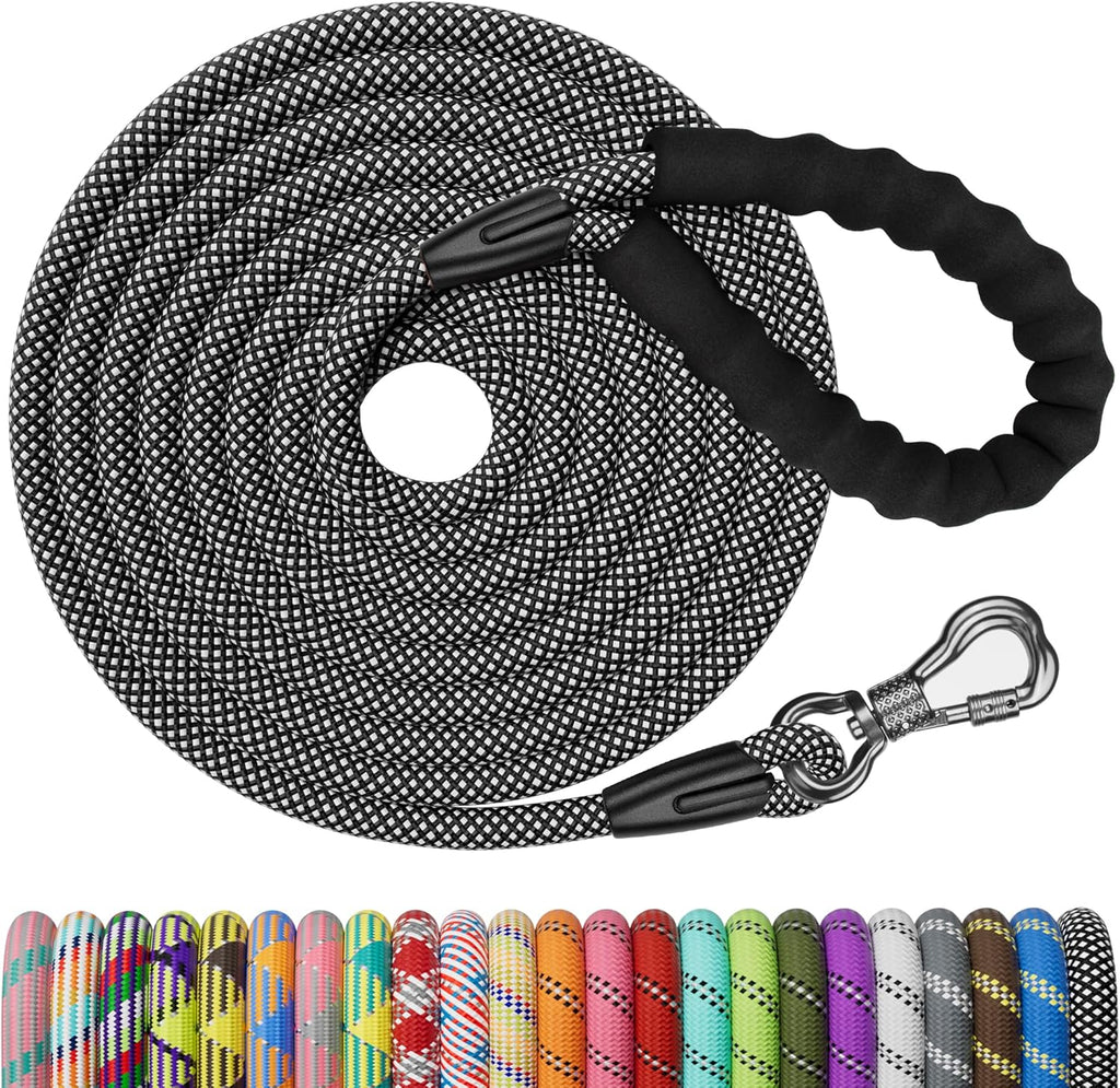 NTR nylon rope long dog training leash front view showing black color and bone shaped hook