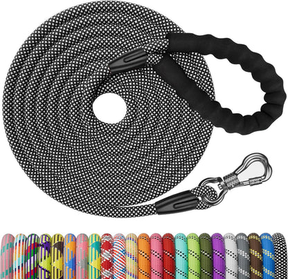 NTR nylon rope long dog training leash front view showing black color and bone shaped hook