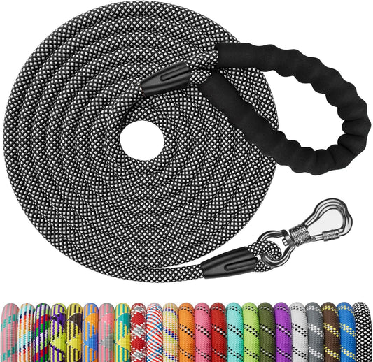 NTR nylon rope long dog training leash front view showing black color and bone shaped hook