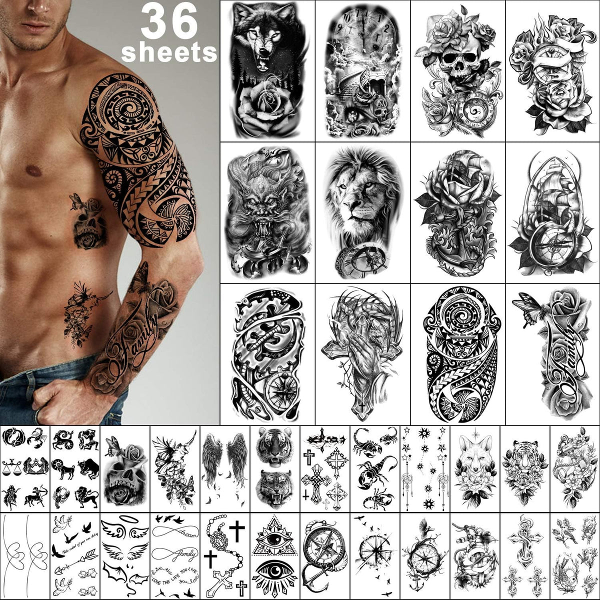 Yazhiji 36 sheets temporary tattoos set front view packaging