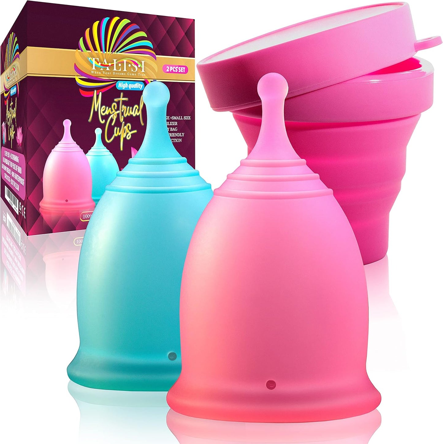 Talisi Menstrual Cups Set front view showing pink and blue reusable cups.