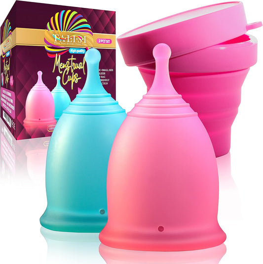 Talisi Menstrual Cups Set front view showing pink and blue reusable cups.