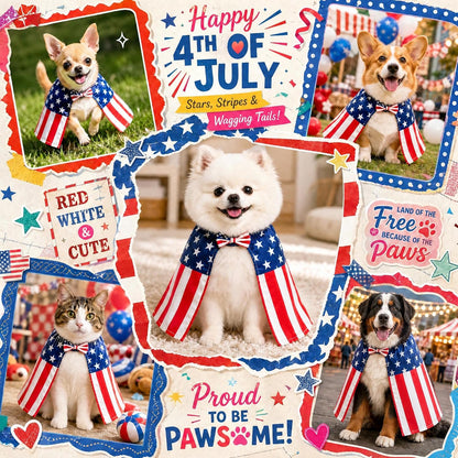 Back view of a small dog wearing the lightweight Tailcoat Cos USA flag summer cape costume.