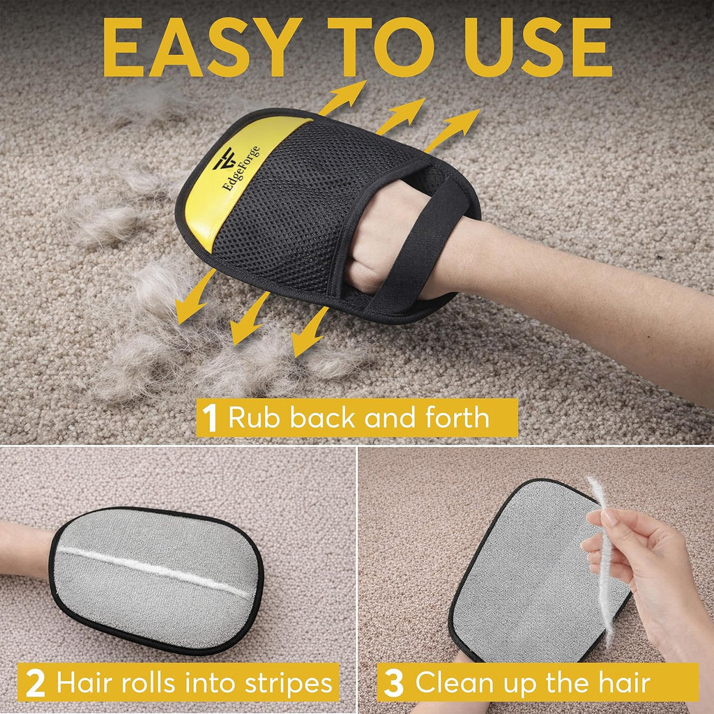 Reusable black magic brush pet hair glove picking up dog fur from carpet