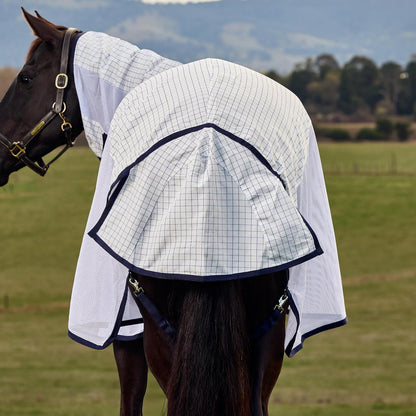 Full view of the WeatherBeeta Airstream white and navy horse turnout sheet on a flat surface