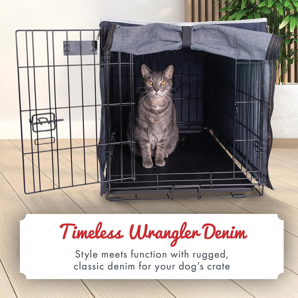 Wrangler denim kennel cover side view showing rollable panels open