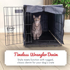 Wrangler denim kennel cover side view showing rollable panels open