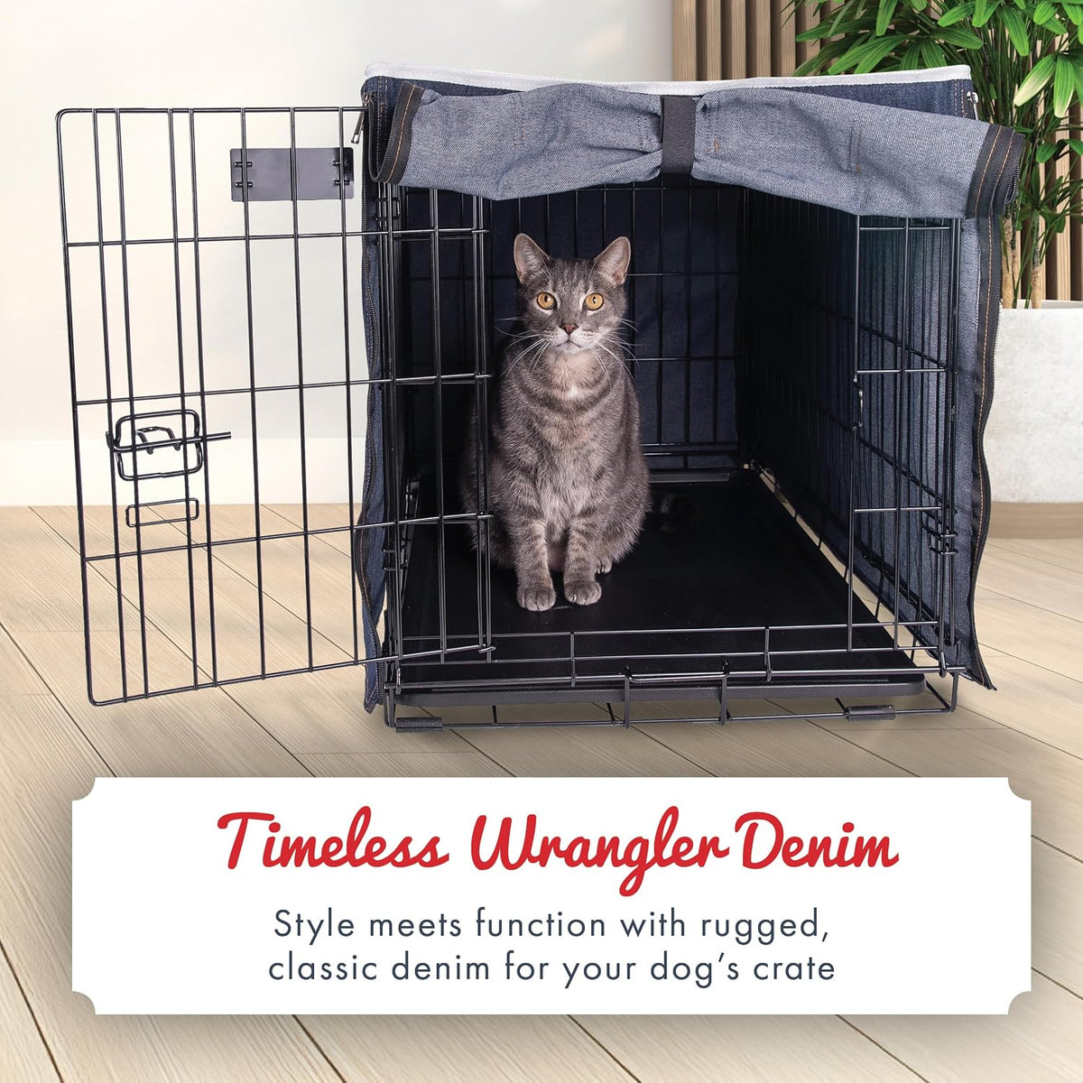Wrangler denim kennel cover side view showing rollable panels open