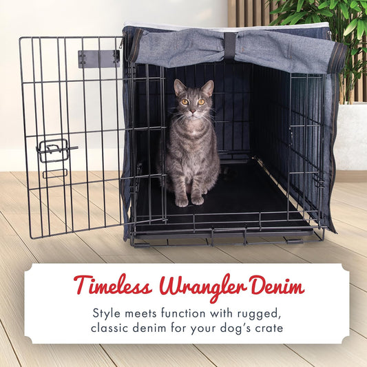 Wrangler denim kennel cover side view showing rollable panels open