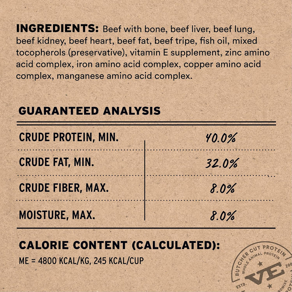Vital Essentials limited ingredient grain free raw beef dog food back label