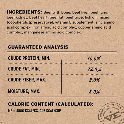 Vital Essentials limited ingredient grain free raw beef dog food back label