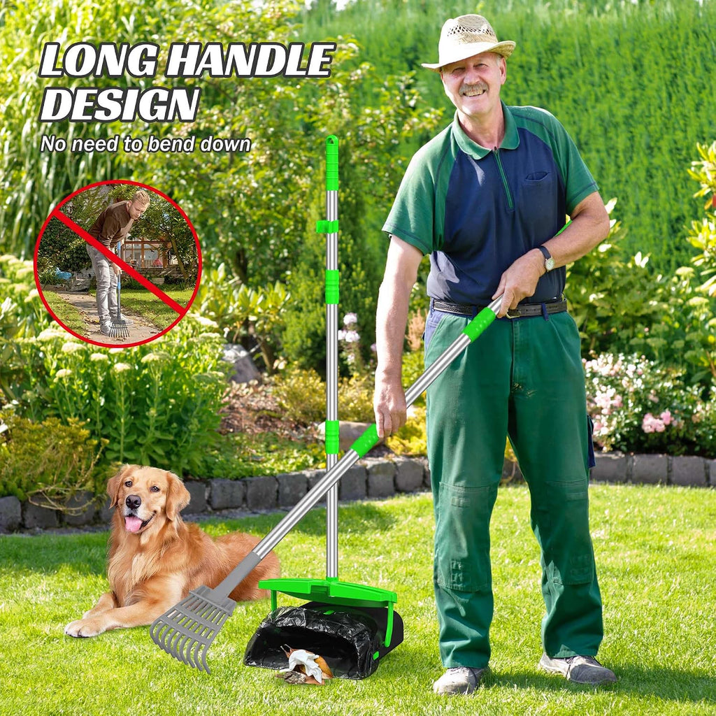 Long handle dog poop scooper showing the fifty inch extendable metal handle.