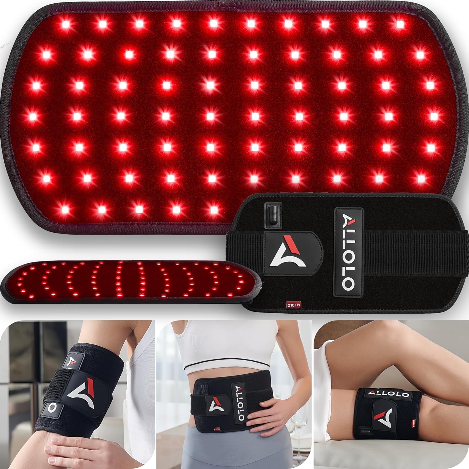 ALLOLO red light therapy belt front view showing active glowing red LED lights for pain relief.