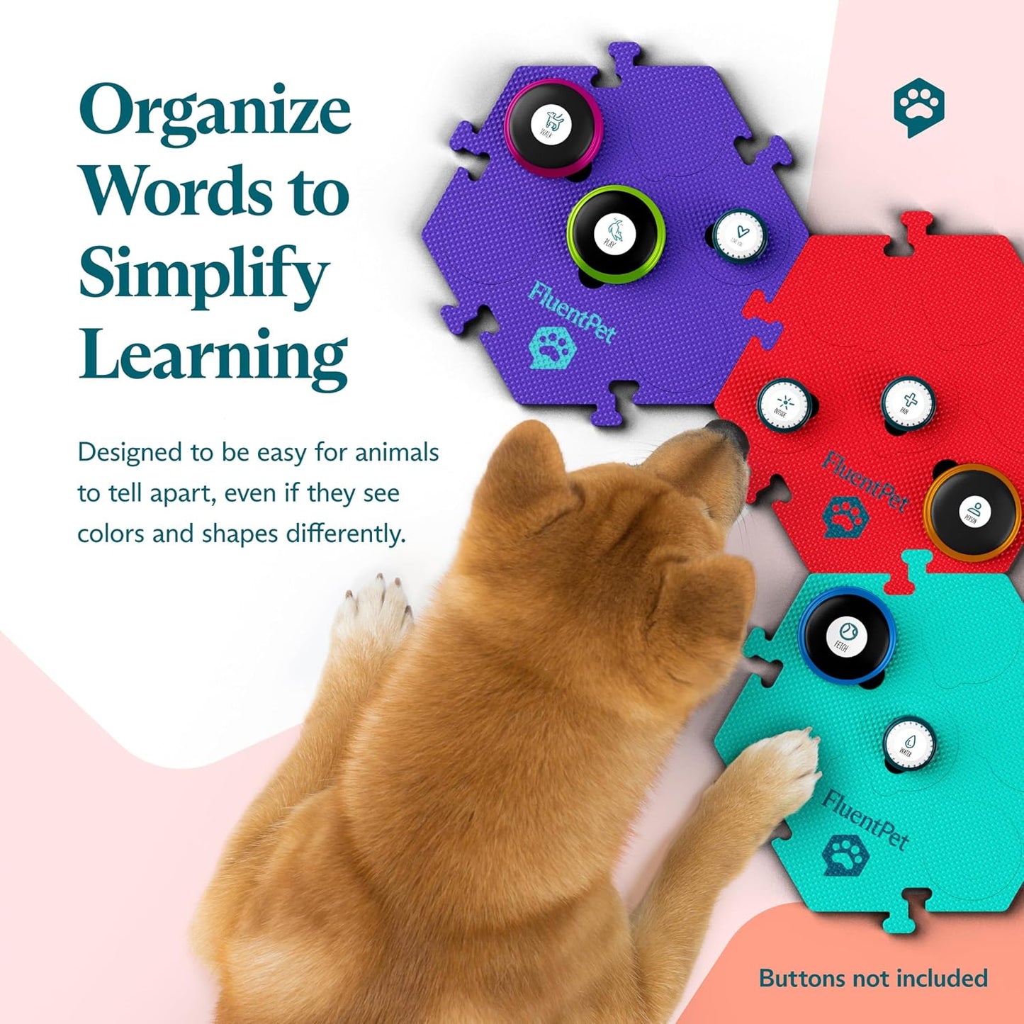 Top angle view of three-pack colorful talking pet button tiles on floor.