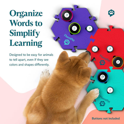 Top angle view of three-pack colorful talking pet button tiles on floor.