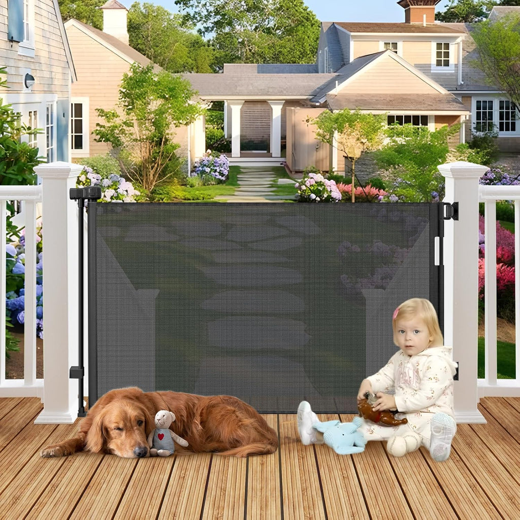 BETERTEK weatherproof outdoor retractable gate for dogs front view extended across a deck opening