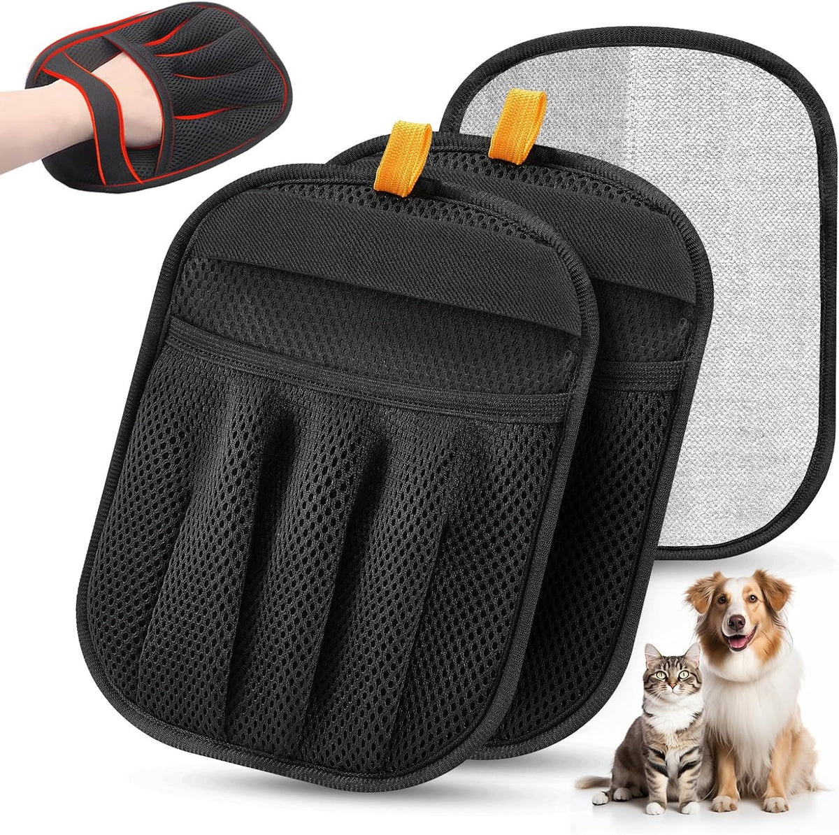Detailed view of breathable mesh fabric on grooming mitt