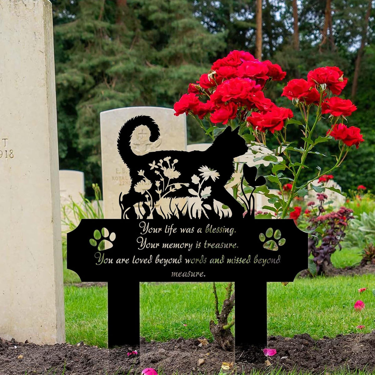 Close up view of the emotional engraved quote on the HEGANITS cat headstone yard tribute