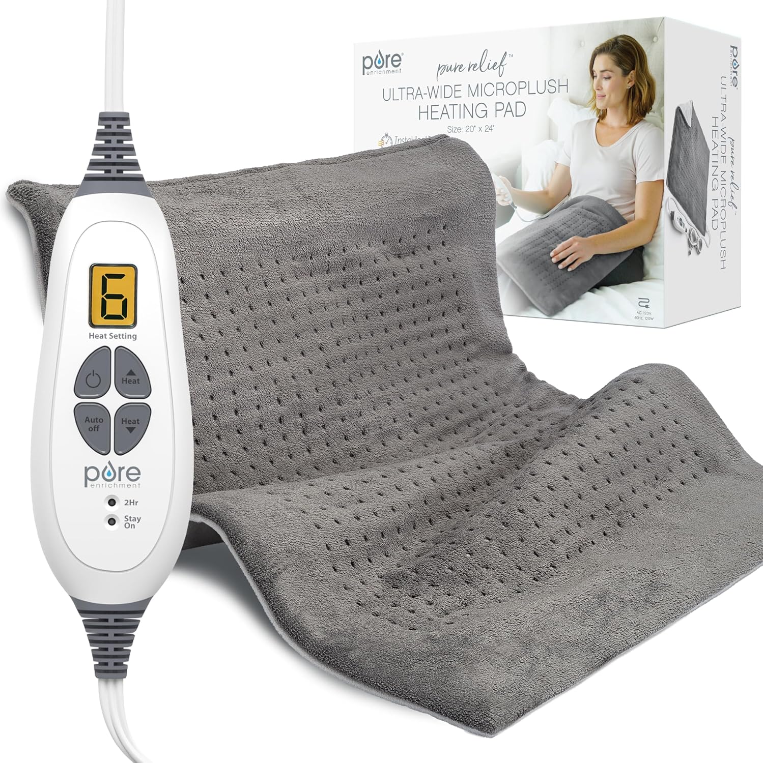 Pure Enrichment PureRelief XXL heating pad front view in gray microplush fabric