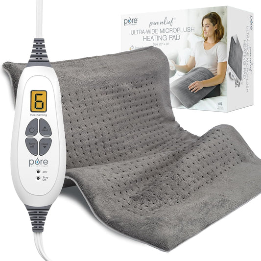 Pure Enrichment PureRelief XXL heating pad front view in gray microplush fabric