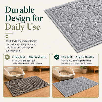 Yimobra non slip cat mat placed next to a standard litter box setup