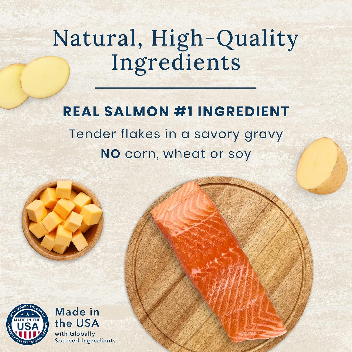 Blue Buffalo Basics dog food topper ingredient highlighting salmon