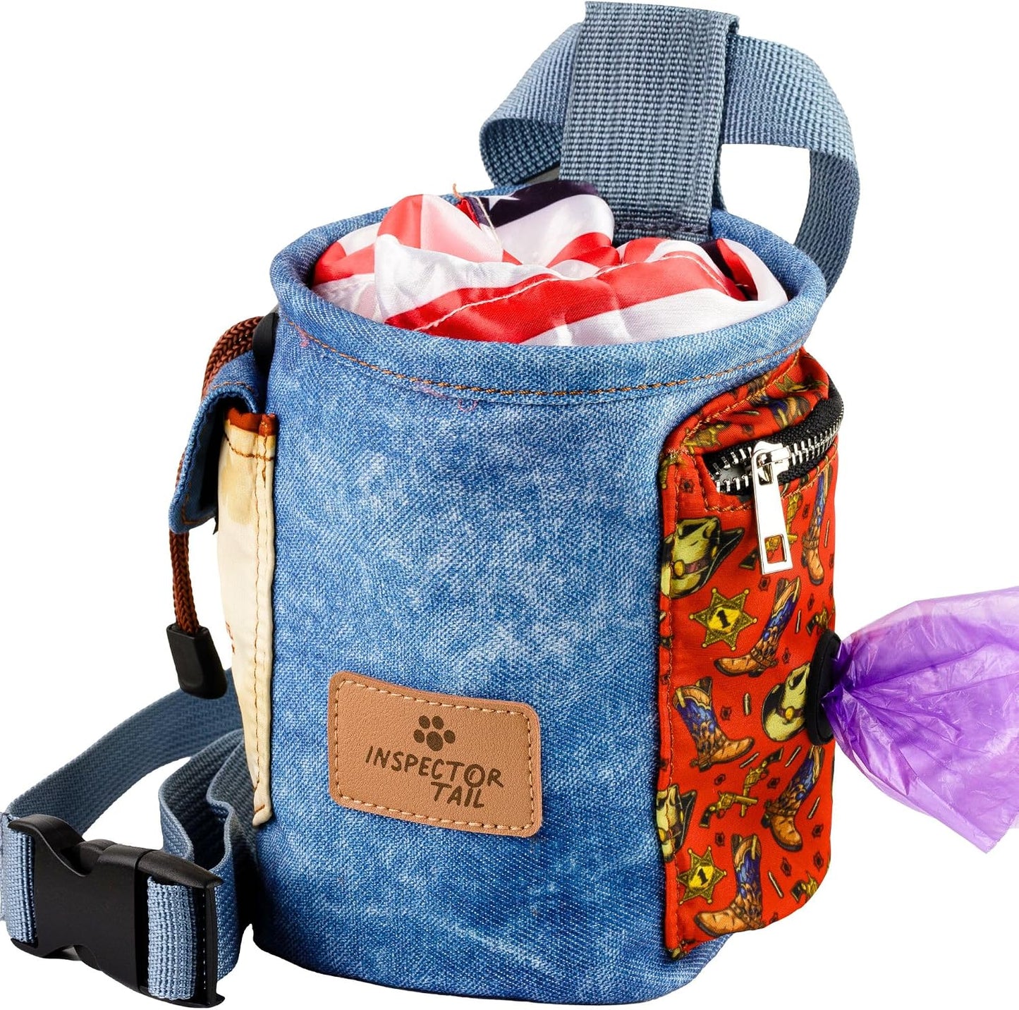 Authentic Inspector Tail dog treat pouch being clipped directly onto a waistband for fast access during walks